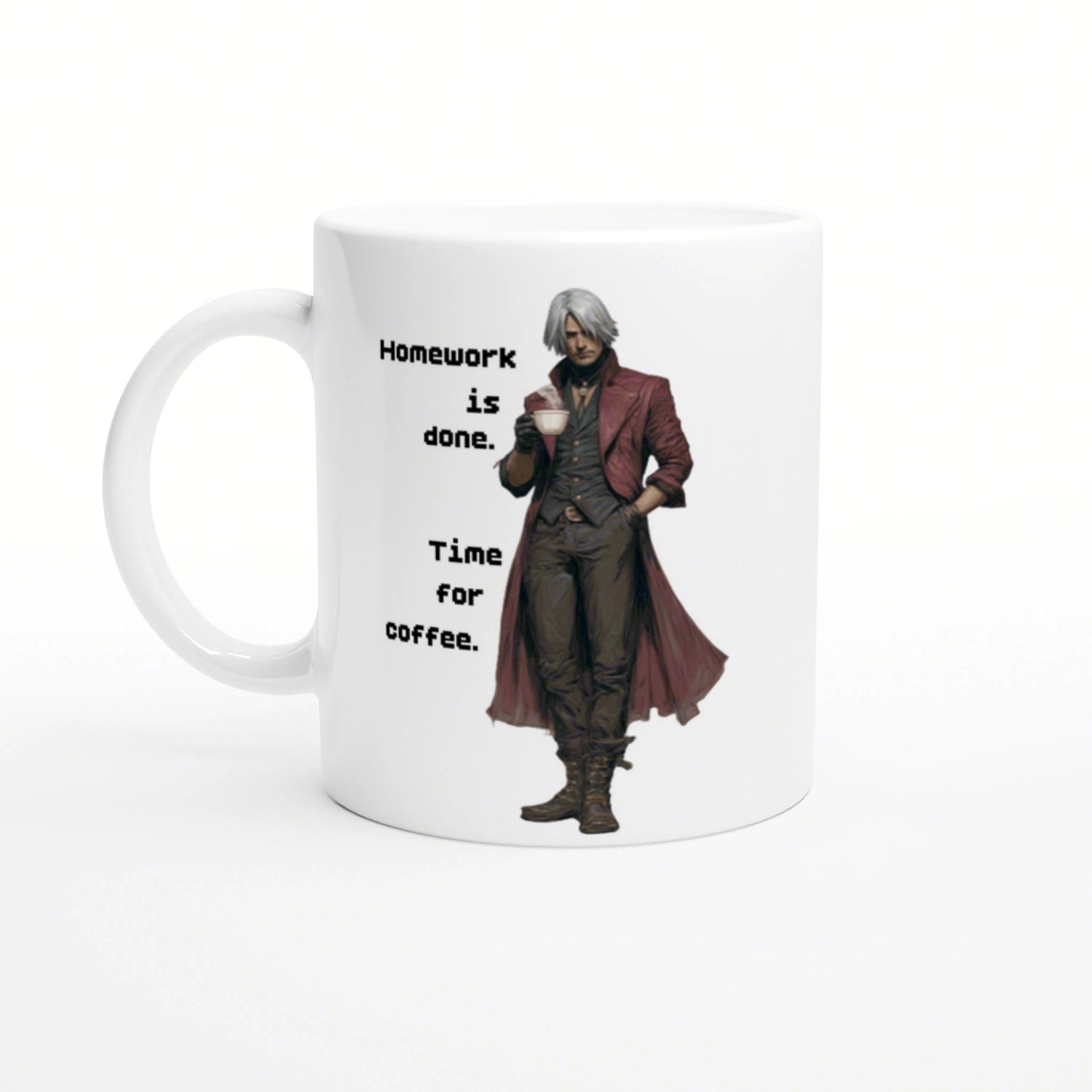 Mug design featuring a white-haired man in a red coat holding a coffee cup; text reads Homework is done. Time for coffee.