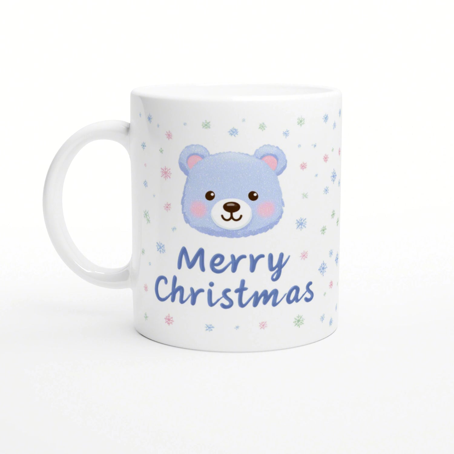 White mug featuring a blue bear face, pastel snowflakes, and the text 'Merry Christmas' in blue script.