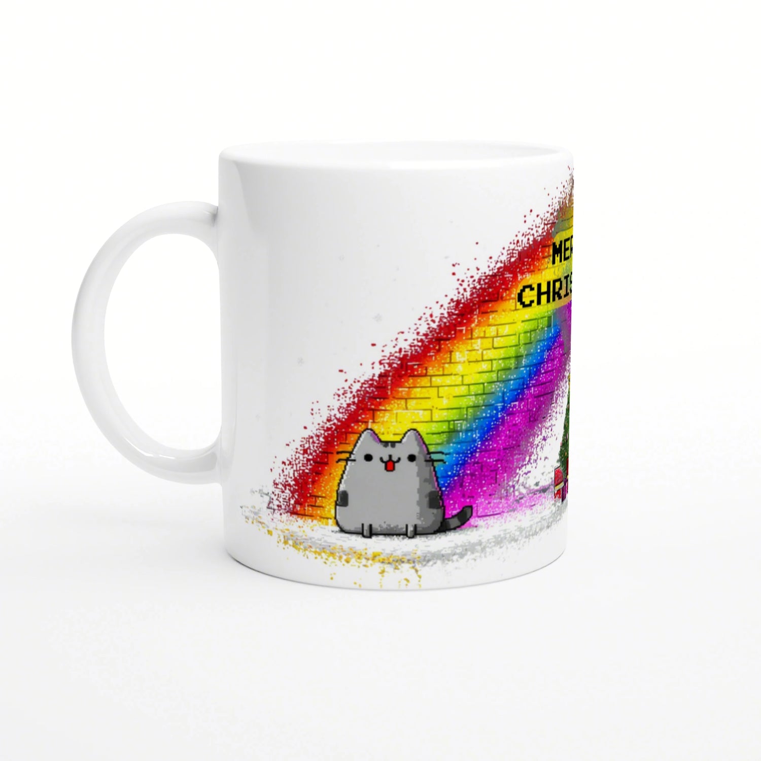 White mug mockup featuring a cute gray cat beneath a bright rainbow graffiti arc on a brick wall.