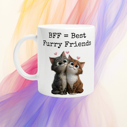 White mug featuring two cuddling cats with hearts and the slogan BFF = Best Furry Friends on a pastel backdrop.